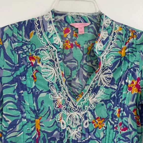 Lilly Pulitzer Beaded Blue Iris Mai Tai Tunic Top Women’s Size XS Pearls Cotton - Picture 6 of 10